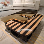 Geometric Coffee Table with High-Gloss Stainless Steel and Natural Wood Veneer Surfaces
